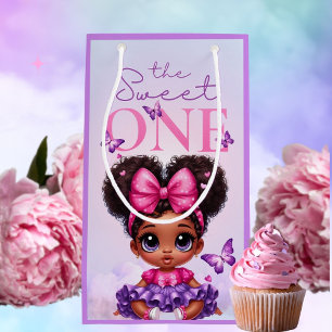 Sacola Para Presentes Pequena Doce MENINA Afro Puff Bebê Roxo 1º Aniversário