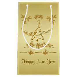 Sacola Para Presentes Pequena Dourada Glitter Feliz Natal, Papai Noel em ouro