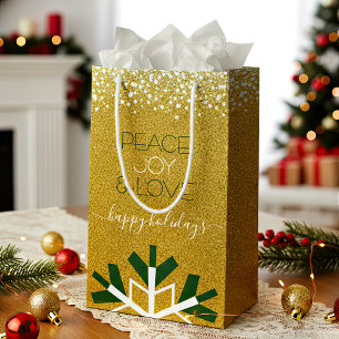 Sacola Para Presentes Pequena Dourada Glitter Snowflake Joy Joy Love Tipografia