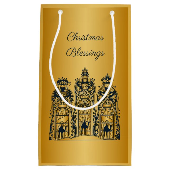 Sacola Para Presentes Pequena Dourado e Marinho Três Sábios (Frente)