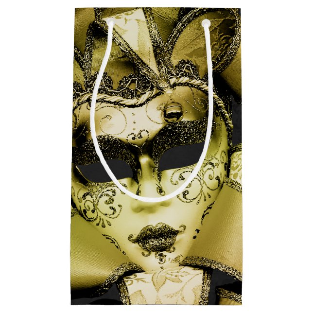 Sacola Para Presentes Pequena Dourado Mardi Gras Mascarada (Frente)