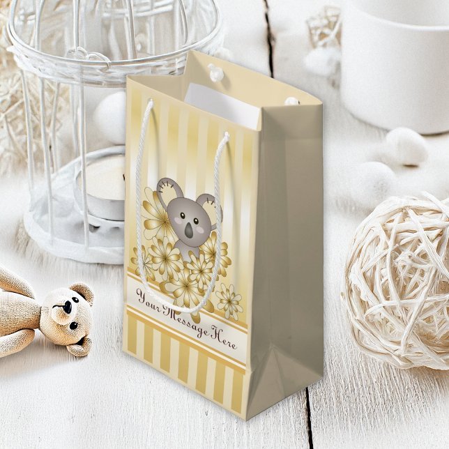 Sacola Para Presentes Pequena Dourado Stripe Cute Baby Koala Kids (Criador carregado)