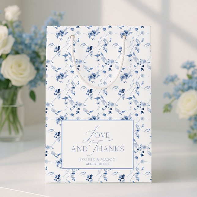 Sacola Para Presentes Pequena Dusty Blue Floral “Love and Thanks” Wedding (Criador carregado)