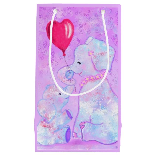 Sacola Para Presentes Pequena Elefante Mãe e Bebê Saco (Frente)