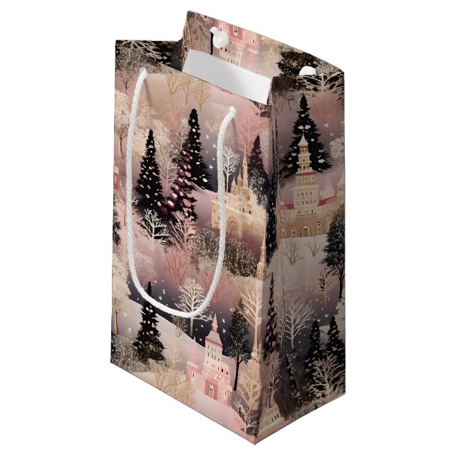 Sacola Para Presentes Pequena Elegant Pink and Black Christmas Village (Frente inclinada)