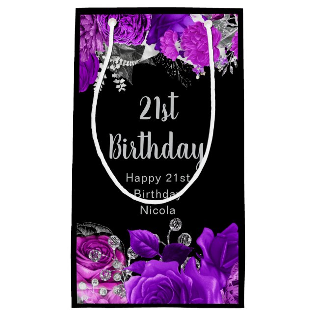Sacola Para Presentes Pequena Elegant Purple and Silver Flowers Birthday  (Frente)
