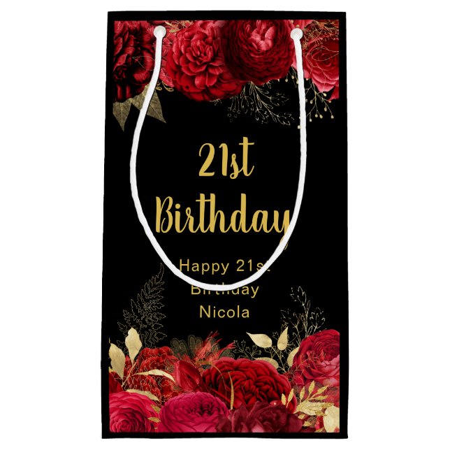 Sacola Para Presentes Pequena Elegant Red and Gold Flowers Birthday (Frente)