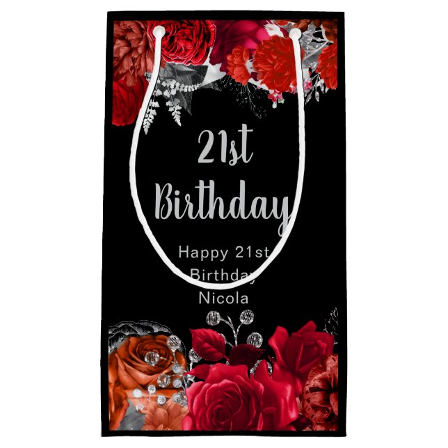 Sacola Para Presentes Pequena Elegant Red and Silver Flowers Birthday (Frente)