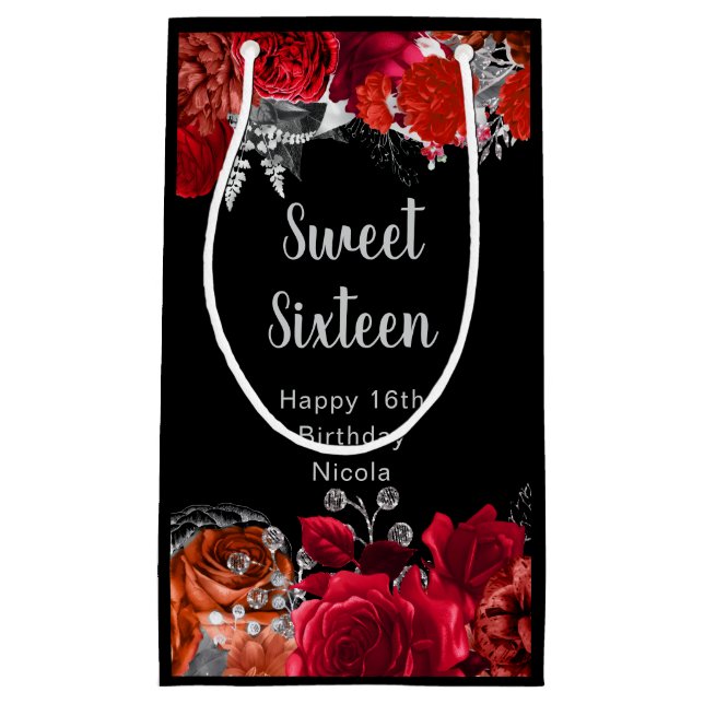 Sacola Para Presentes Pequena Elegant Red and Silver Flowers Sweet Sixteen  (Frente)