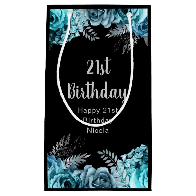 Sacola Para Presentes Pequena Elegant Teal Blue and Silver Flower Birthday Party (Frente)