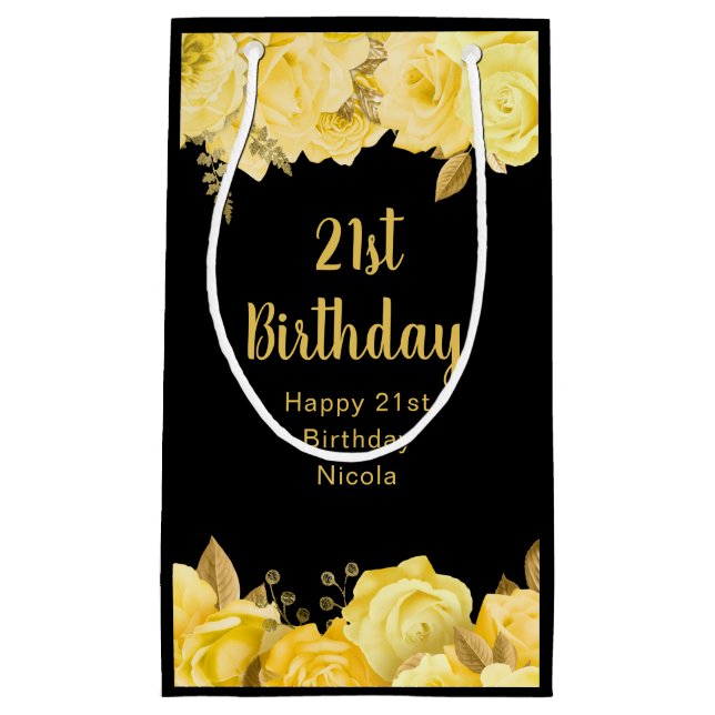 Sacola Para Presentes Pequena Elegant Yellow and Gold Flowers Birthday Party (Frente)