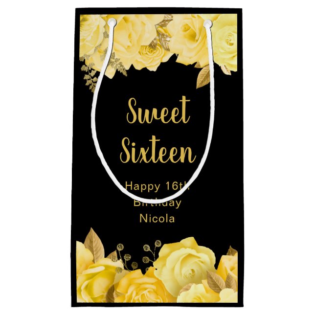 Sacola Para Presentes Pequena Elegant Yellow and Gold Flowers Sweet Sixteen (Frente)