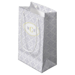 Sacola Para Presentes Pequena Elegante Azul Francês Amarelo Padrão Damask Monogr