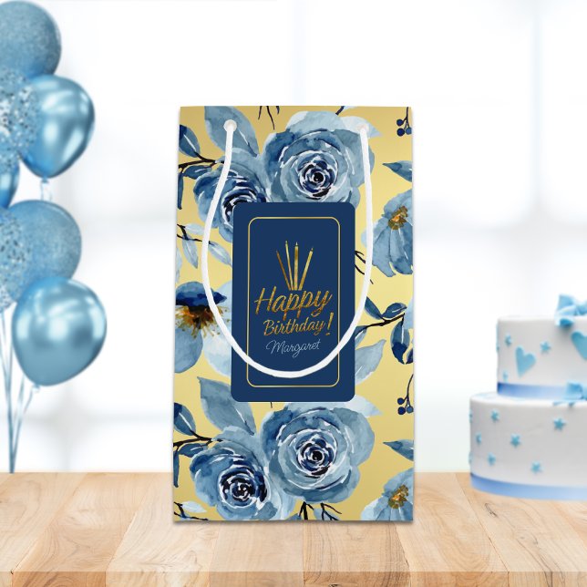 Sacola Para Presentes Pequena Elegante Blue Floral Dourado Birthday (Criador carregado)