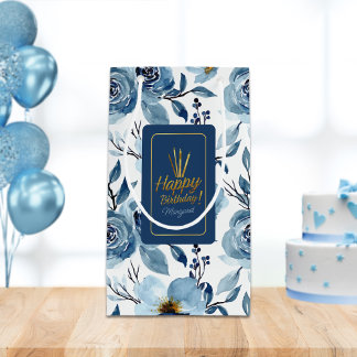 Sacola Para Presentes Pequena Elegante Blue Floral White Nome de Aniversário Fel