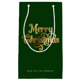 Sacola Para Presentes Pequena Elegante Chic Script Green Dourado Feliz Natal