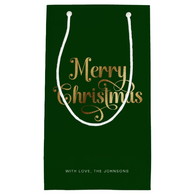 Sacola Para Presentes Pequena Elegante Chic Script Green Dourado Feliz Natal (Frente)