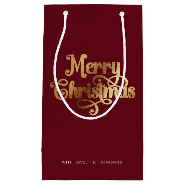 Sacola Para Presentes Pequena Elegante Chic Script Red Dourado Feliz Natal (Frente)