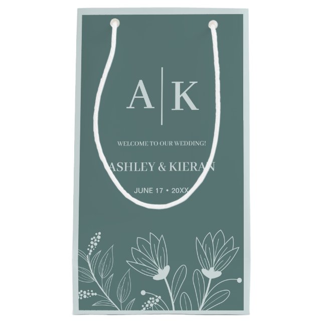 Sacola Para Presentes Pequena Elegante Floral Teal Wedding Bem-vindo (Frente)