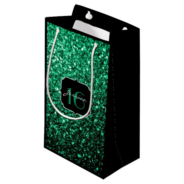 Sacola Para Presentes Pequena Emerald Green faux glitter sparkles Sweet 16 (Frente inclinada)