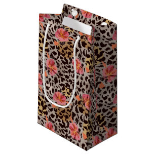 Sacola Para Presentes Pequena Estampa de leopardo elegante com flores tropicais