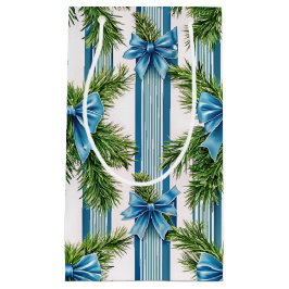 SACOLA PARA PRESENTES PEQUENA EVERGREEN GARLAND BLUE HOLIDAYS BOWS & STRIPES