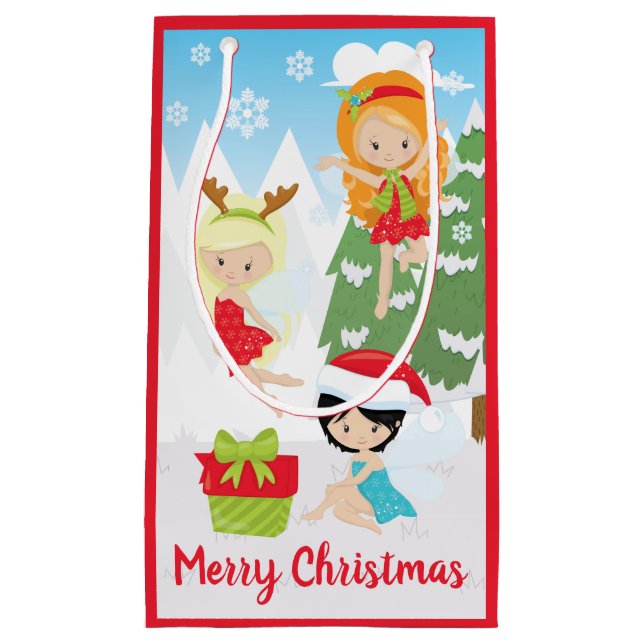 Sacola Para Presentes Pequena Fadas de Natal Fofas com Presente e Flocos de Neve (Frente)