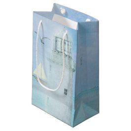 Sacola Para Presentes Pequena farol branco a aquarela com veleiro