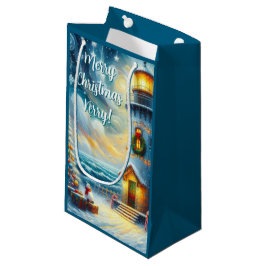 Sacola Para Presentes Pequena Farol de Árvore de Natal Azul Costeiro Náutico
