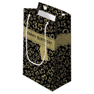 Sacola Para Presentes Pequena Feliz 35º aniversário Padrão Preto/Dourado