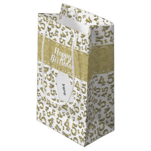 Sacola Para Presentes Pequena Feliz 45º aniversário Padrão Dourado/Branco