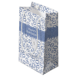 Sacola Para Presentes Pequena Feliz 50º aniversário Padrão Azul/Branco
