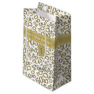 Sacola Para Presentes Pequena Feliz 50º Aniversário Padrão Dourado/Branco
