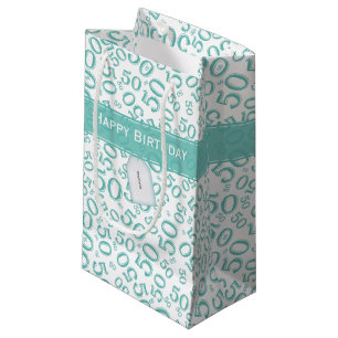Sacola Para Presentes Pequena Feliz 50º Aniversário Raleto Padrão Teal/Branco