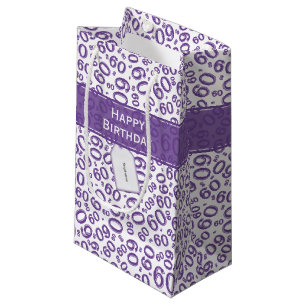 Sacola Para Presentes Pequena Feliz 60º aniversário Padrão Roxo/Branco