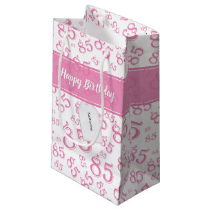 Sacola Para Presentes Pequena Feliz 85º aniversário Padrão de Número Rosa/Branco