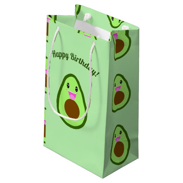 Sacola Para Presentes Pequena Feliz aniversário do Kawaii Avocado (Verso inclinado)