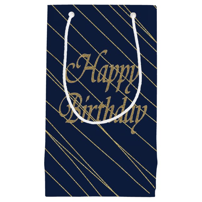 Sacola Para Presentes Pequena Feliz aniversário do marinho Dourado (Frente)
