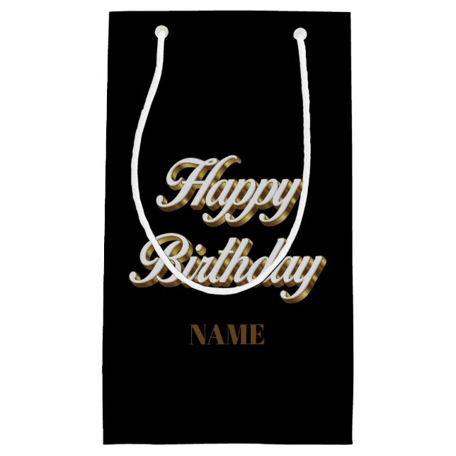 Sacola Para Presentes Pequena Feliz Aniversário, Dourado e Elegante Tipografia,  (Frente)