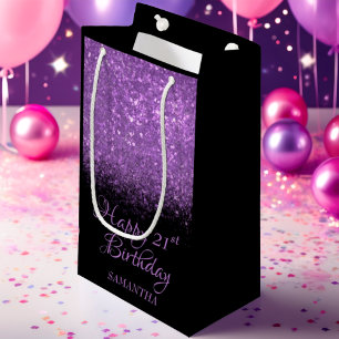 Sacola Para Presentes Pequena Feliz Aniversário Glitter Preto Roxo Qualquer Idad