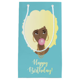 Sacola Para Presentes Pequena Feliz aniversário! Goma-Bolha Loura Afro, Azul