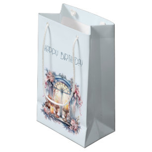 Sacola Para Presentes Pequena Feliz Aniversário Inverno Azul Rosa Vitoriano