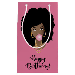 Sacola Para Presentes Pequena Feliz aniversário! Mulher Negra, Bubblegum, Rosa