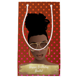 Sacola Para Presentes Pequena Feliz aniversário! Mulher Negra com matizes Dourad
