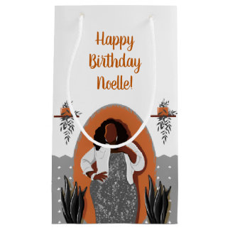 Sacola Para Presentes Pequena Feliz aniversário! Mulher Negra, Laranja e Cinza