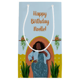 Sacola Para Presentes Pequena Feliz aniversário, Mulher Negra, Plantas, Amarelo 