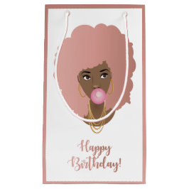 Sacola Para Presentes Pequena Feliz aniversário! Mulher Negra Rosa Afro, Bublegu