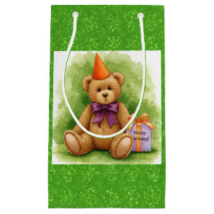 Sacola Para Presentes Pequena Feliz Aniversário, Ursinho com Presente, de Natash
