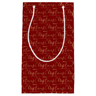 Sacola Para Presentes Pequena Feliz ano novo de Natal Feliz e Dourado Script