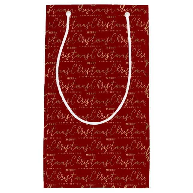 Sacola Para Presentes Pequena Feliz ano novo de Natal Feliz e Dourado Script (Frente)